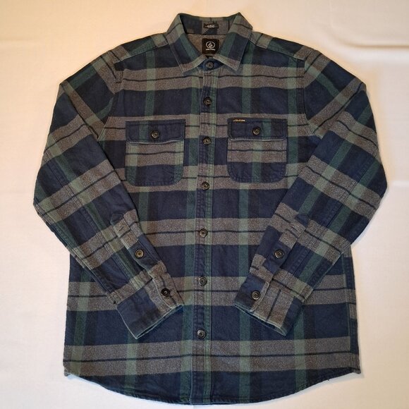Volcom Mens Small Blue Plaid Button Up Flannel Shirt Long Sleeve Skate Casual - Picture 1 of 14